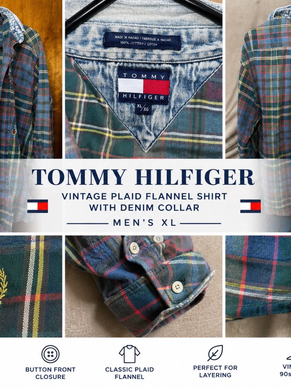 Vintage Tommy Hilfiger Green Plaid Flannel Shirt with Denim Collar